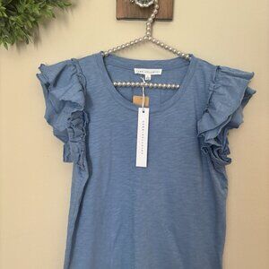 NWT Jane & Delancey Womens Size S Blue Short Sleeve Top Ruffle Sleeve Cotton